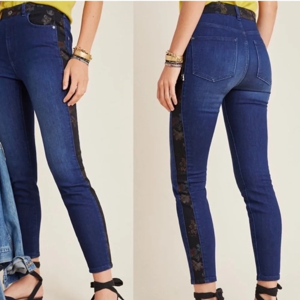 Pilcro Anthro High Rise Skinny Jeans Floral Contrast Sz 29 *Raw hem